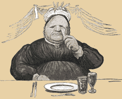 ældre tyk dame sidder et fint dækket bord og hører på en tale til ære for hendes guldbryllup
